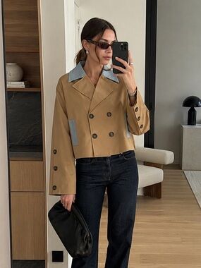 Y.A.S Yastrenchy LS Short Trenchcoat Travertine Denim Collar Jacket Size 4